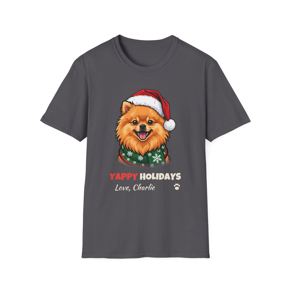 Yappy Holidays Pomeranian Christmas t-shirt in Charcoal, front view