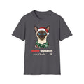 Merry Whiskers Siamese Cat Christmas t-shirt in Charcoal, front view