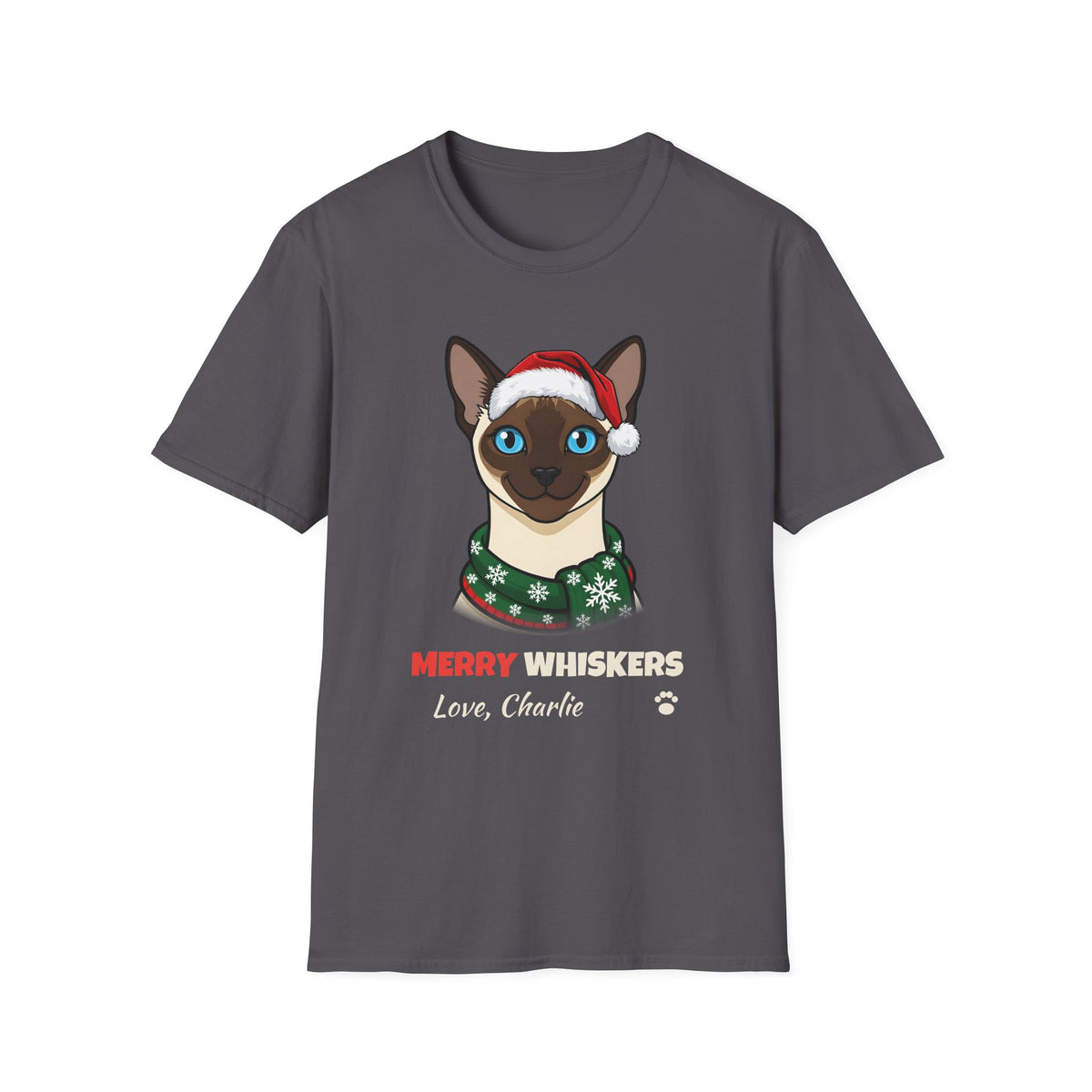 Merry Whiskers Siamese Cat Christmas t-shirt in Charcoal, front view