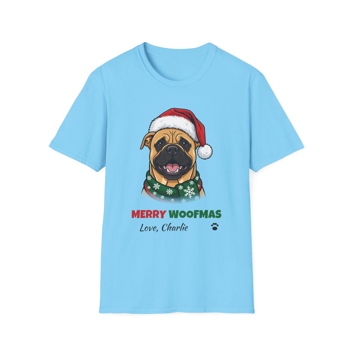 Merry Woofmas Bullmastiff Christmas t-shirt in Sky, front view