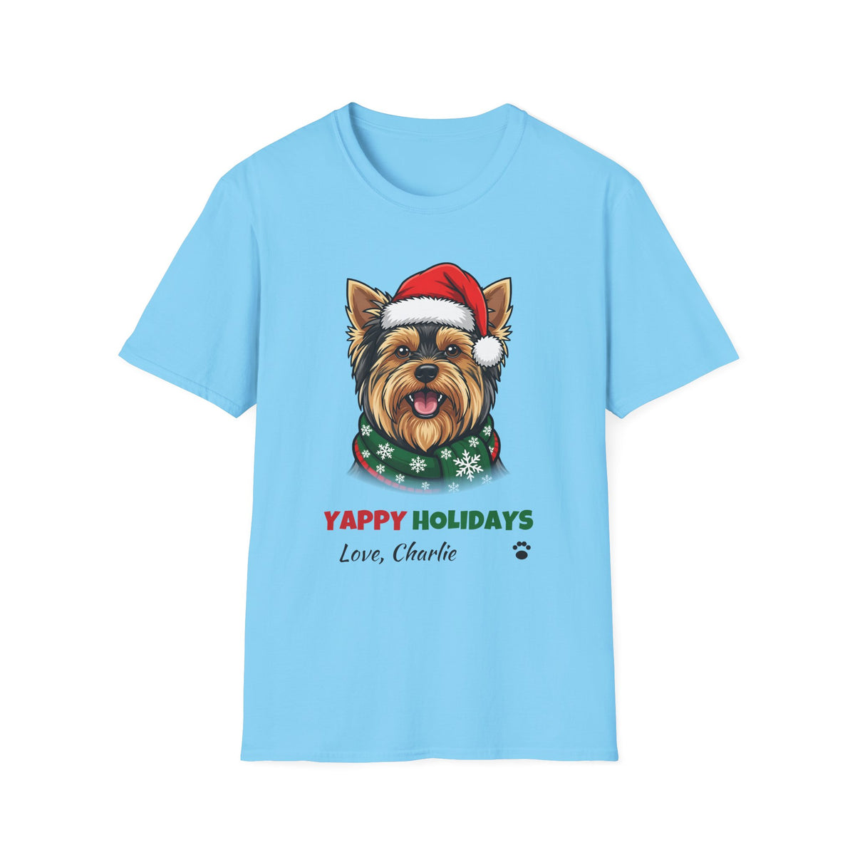 Yappy Holidays Yorkshire Terrier Christmas t-shirt in Sky, front view
