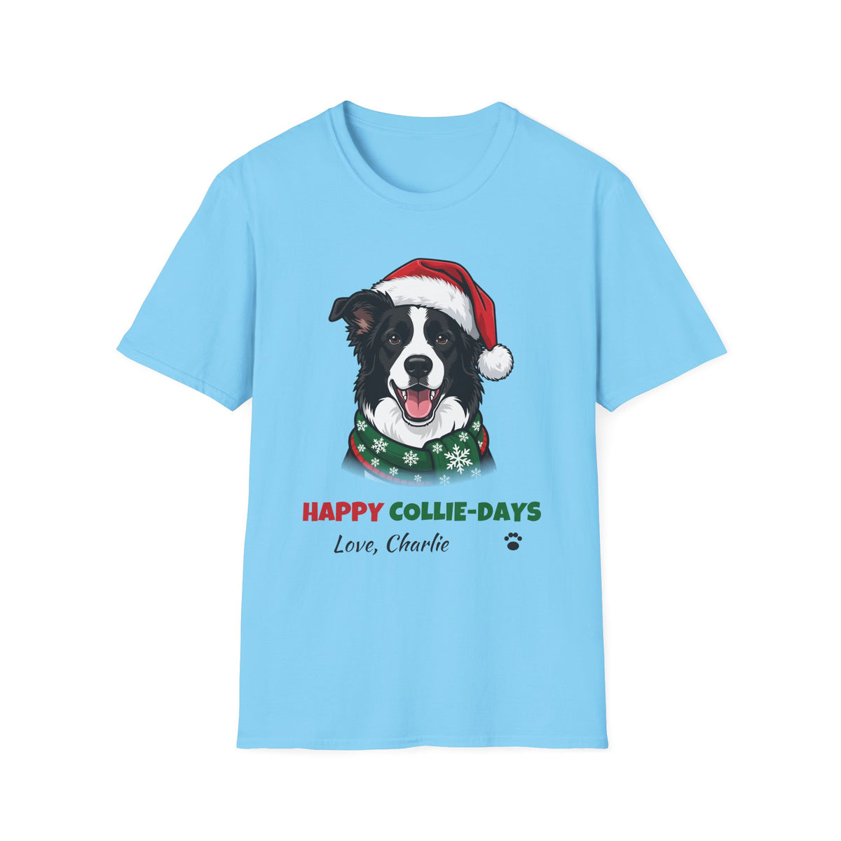 Happy Collie-Days Border Collie Christmas t-shirt in Sky, front view