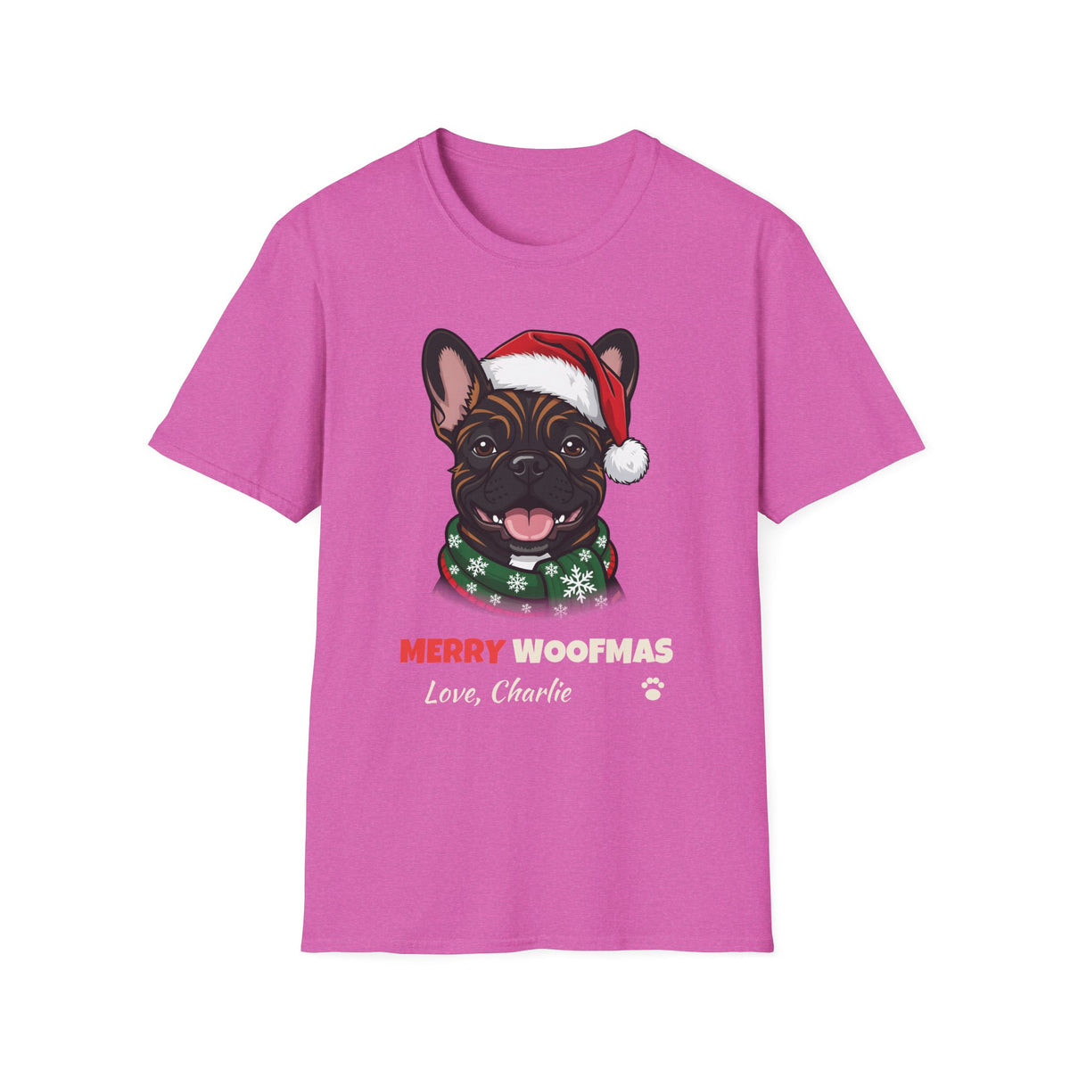 Merry Woofmas Brindle French Bulldog Christmas t-shirt in Heather Berry, front view