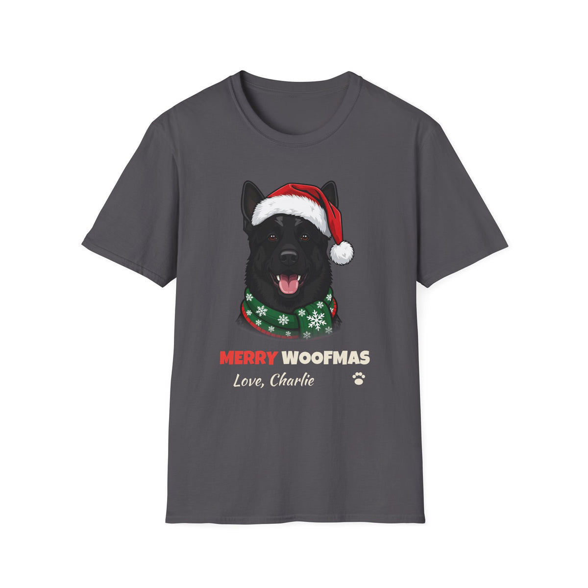 Merry Woofmas Black German Shepherd Christmas t-shirt in Charcoal, front view