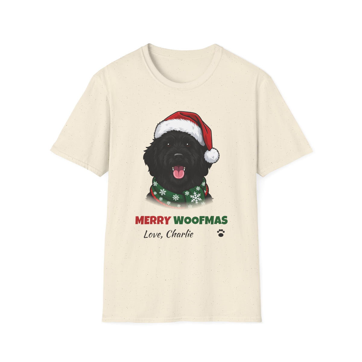 Merry Woofmas Black Goldendoodle Christmas t-shirt in Natural, front view
