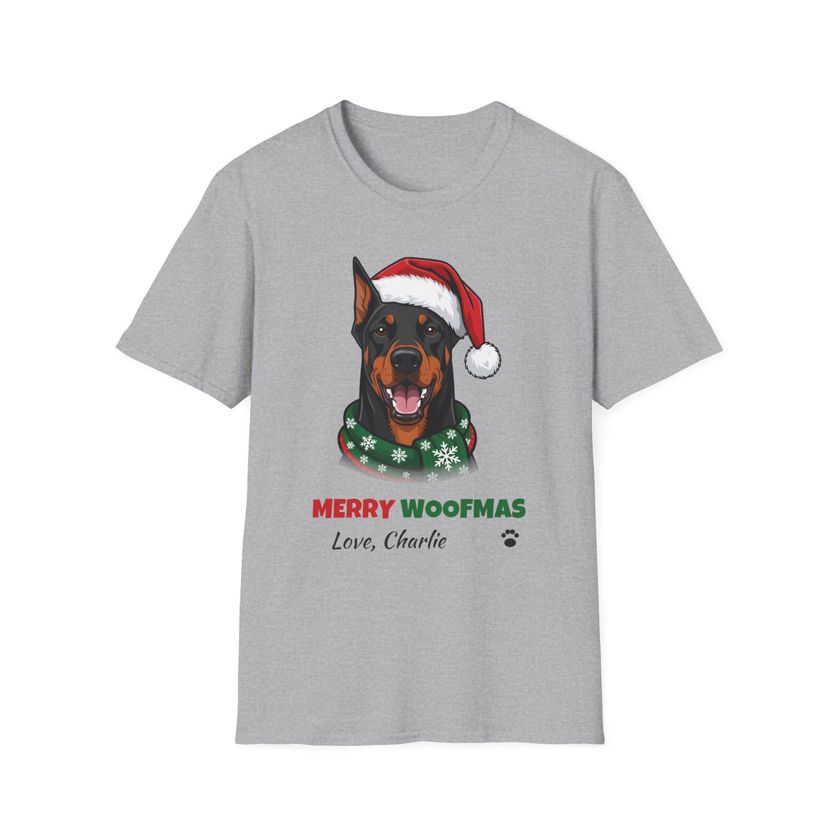 Merry Woofmas Doberman Christmas t-shirt in Sport Gray, front view