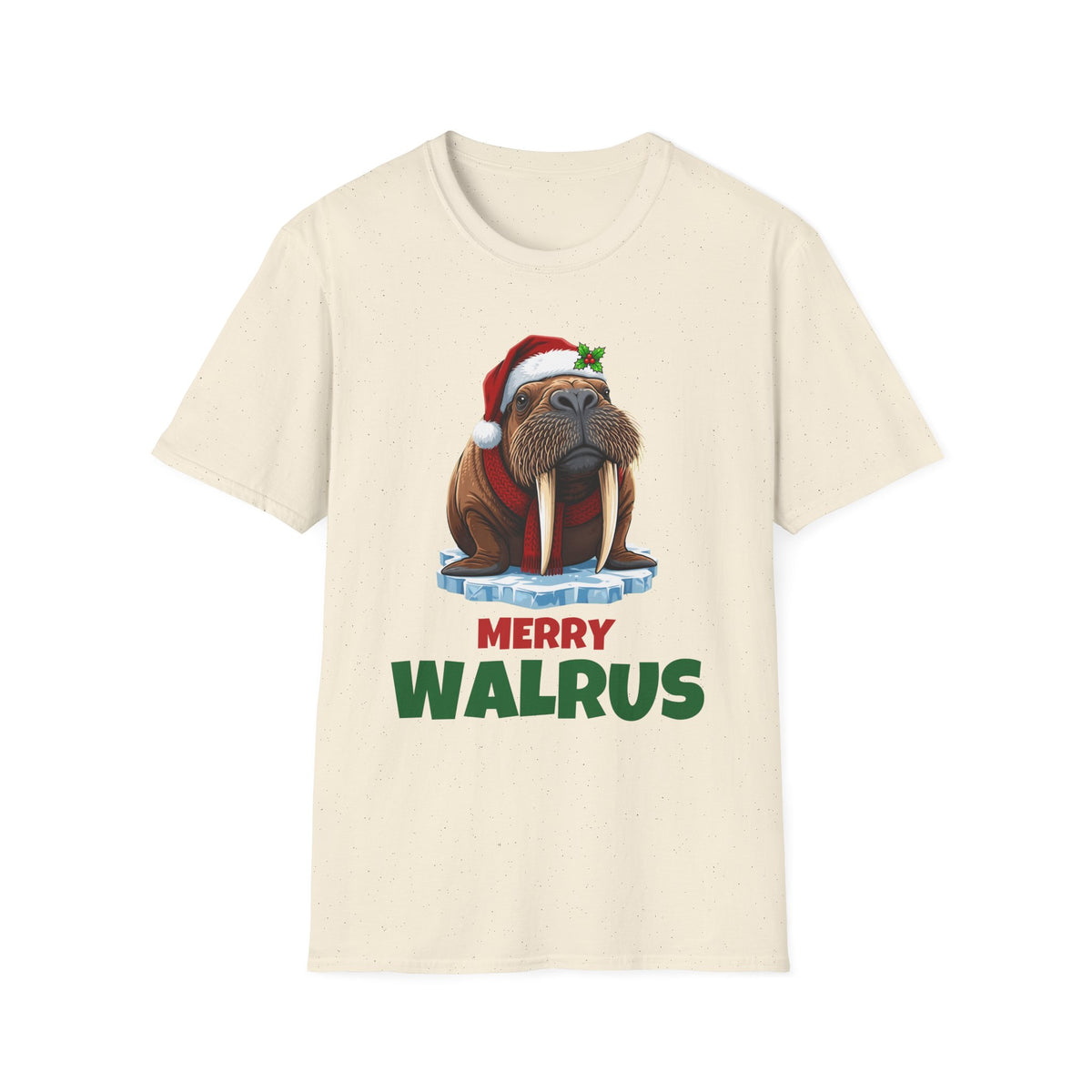 Merry Walrus Christmas t-shirt in Natural, front view