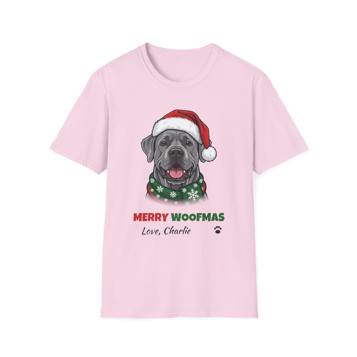 Merry Woofmas Cane Corso Christmas t-shirt in Light Pink, front view