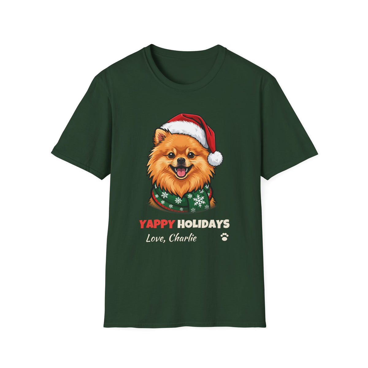 Yappy Holidays Pomeranian Christmas t-shirt in Forest Green, front view