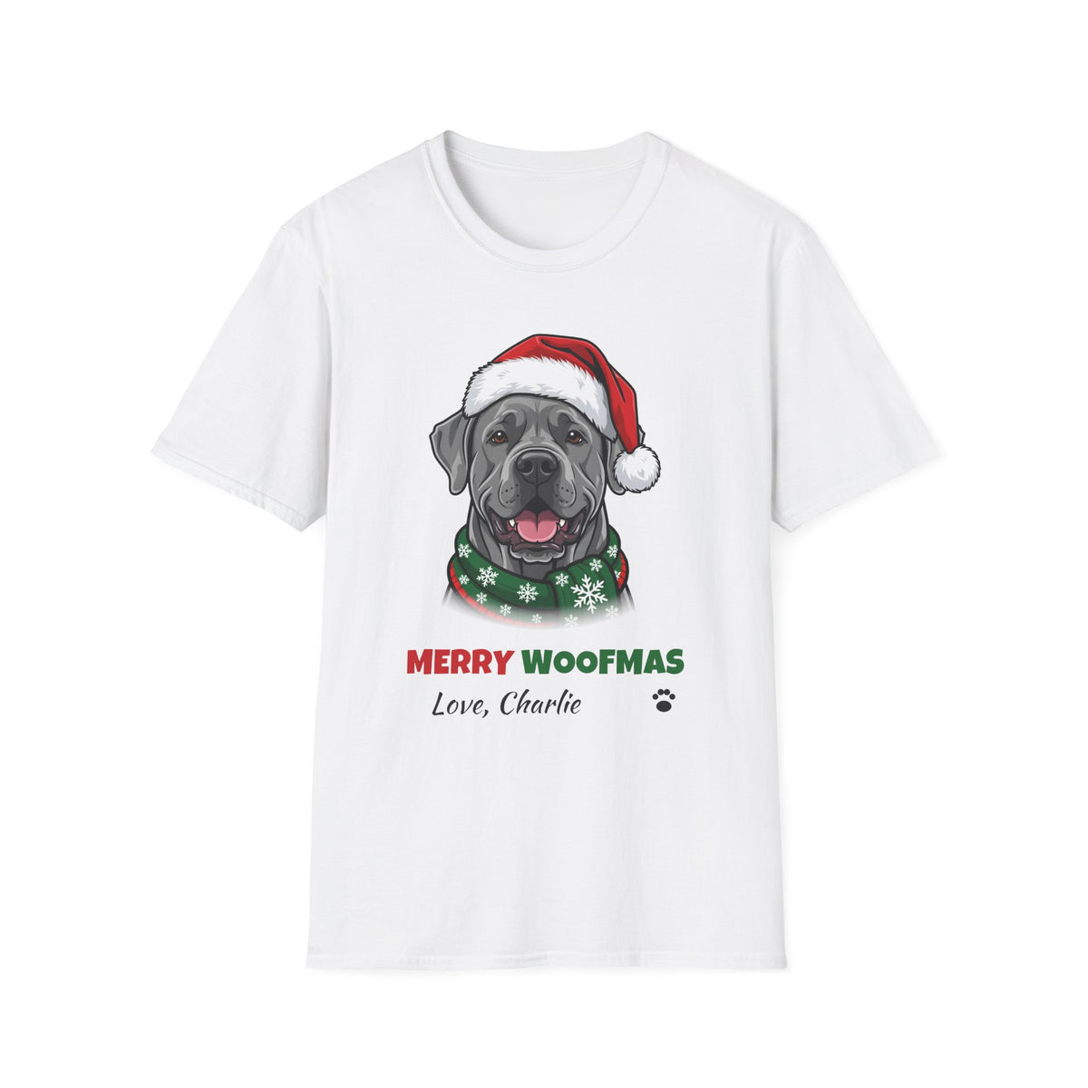 Merry Woofmas Cane Corso Christmas t-shirt in White, front view