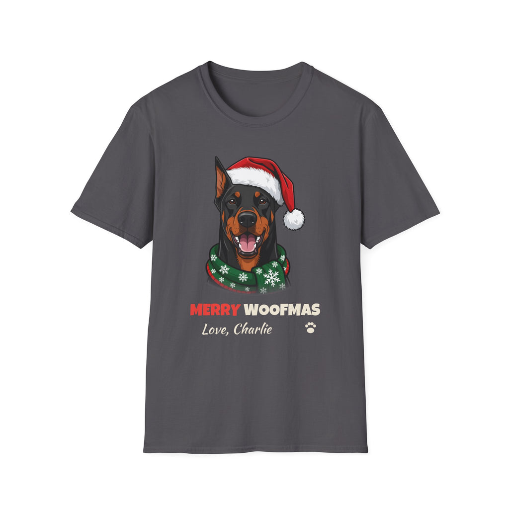 Merry Woofmas Doberman Christmas t-shirt in Charcoal, front view