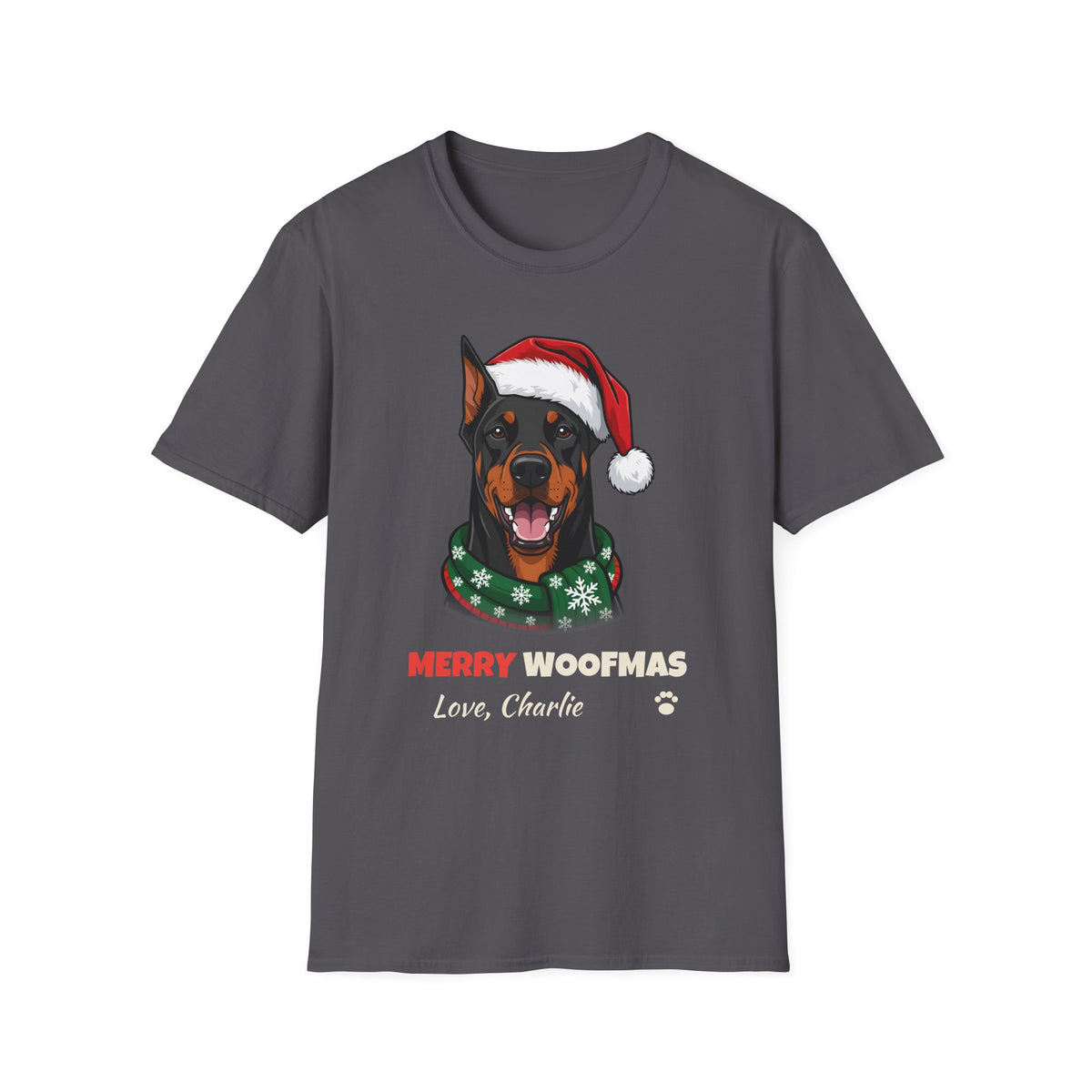 Merry Woofmas Doberman Christmas t-shirt in Charcoal, front view