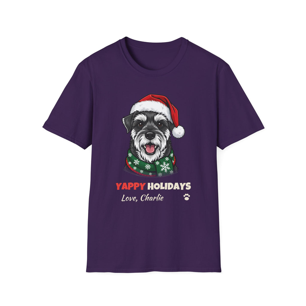 Yappy Holidays Miniature Schnauzer Christmas t-shirt in Purple, front view