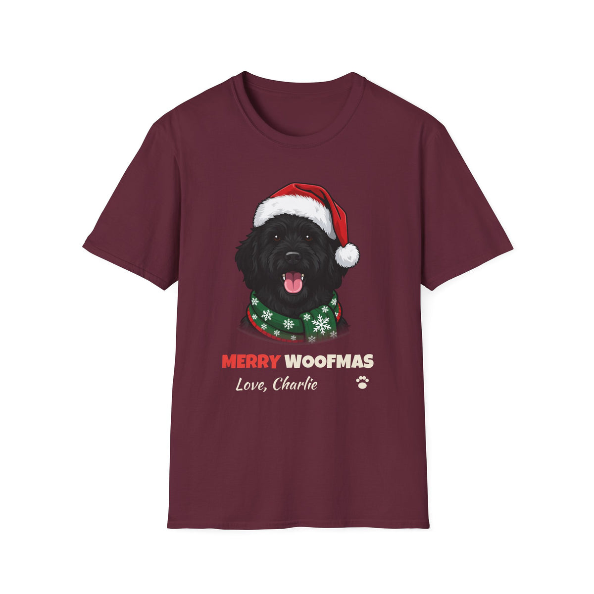 Merry Woofmas Black Goldendoodle Christmas t-shirt in Maroon, front view
