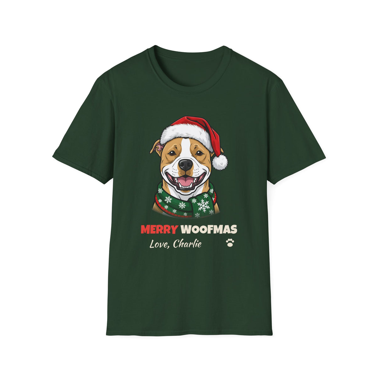 Merry Woofmas Pit Bull Christmas t-shirt in Forest Green, front view
