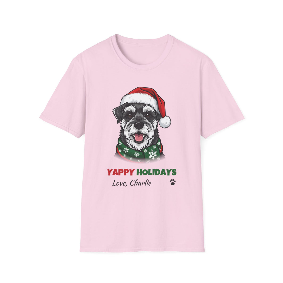 Yappy Holidays Miniature Schnauzer Christmas t-shirt in Light Pink, front view