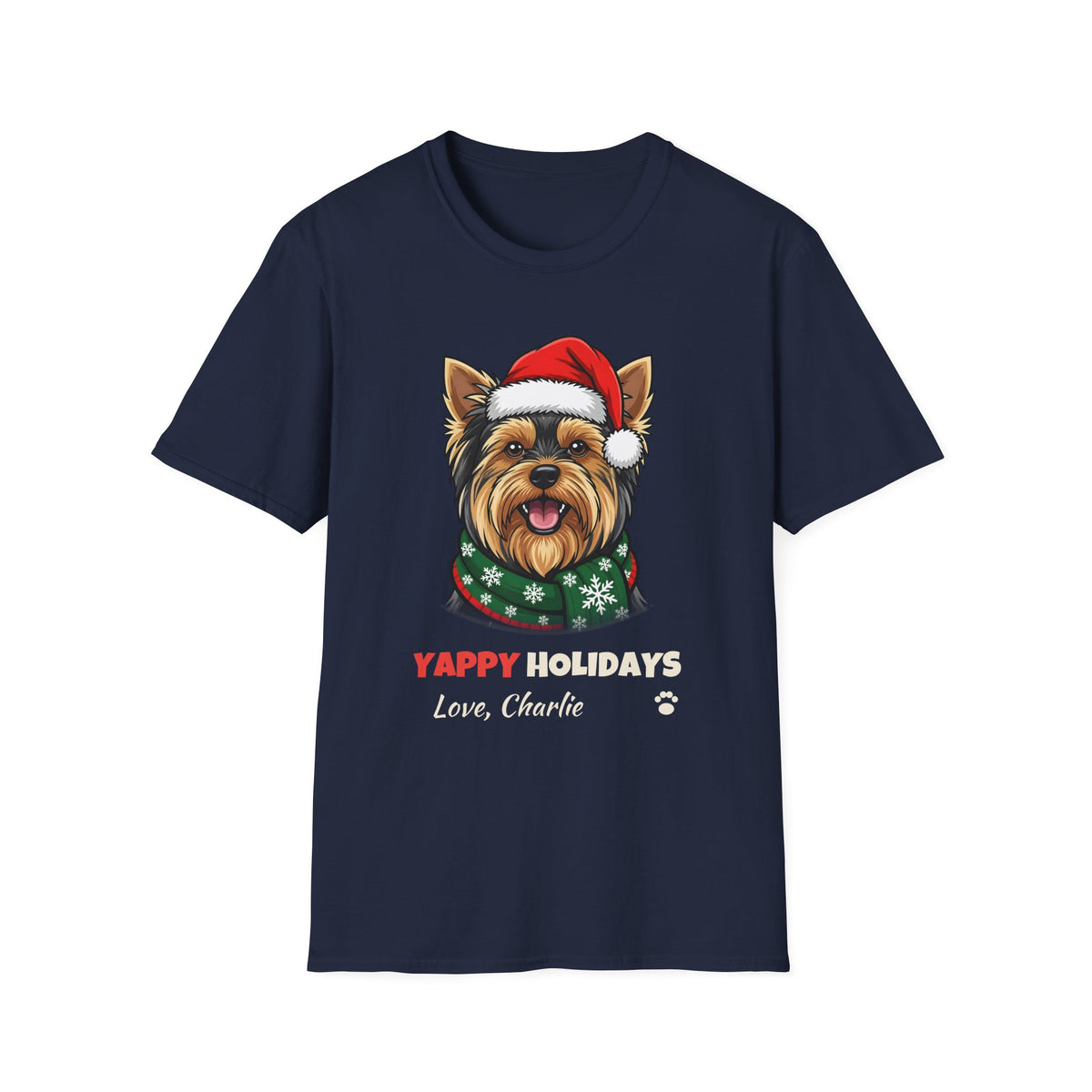 Yappy Holidays Yorkshire Terrier Christmas t-shirt in Navy, front view