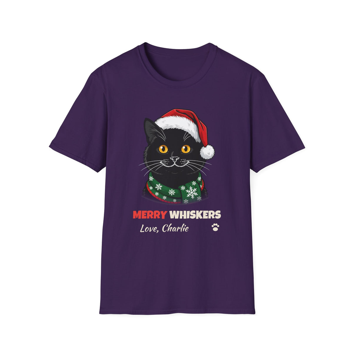 Merry Whiskers Black Cat Christmas t-shirt in Purple, front view