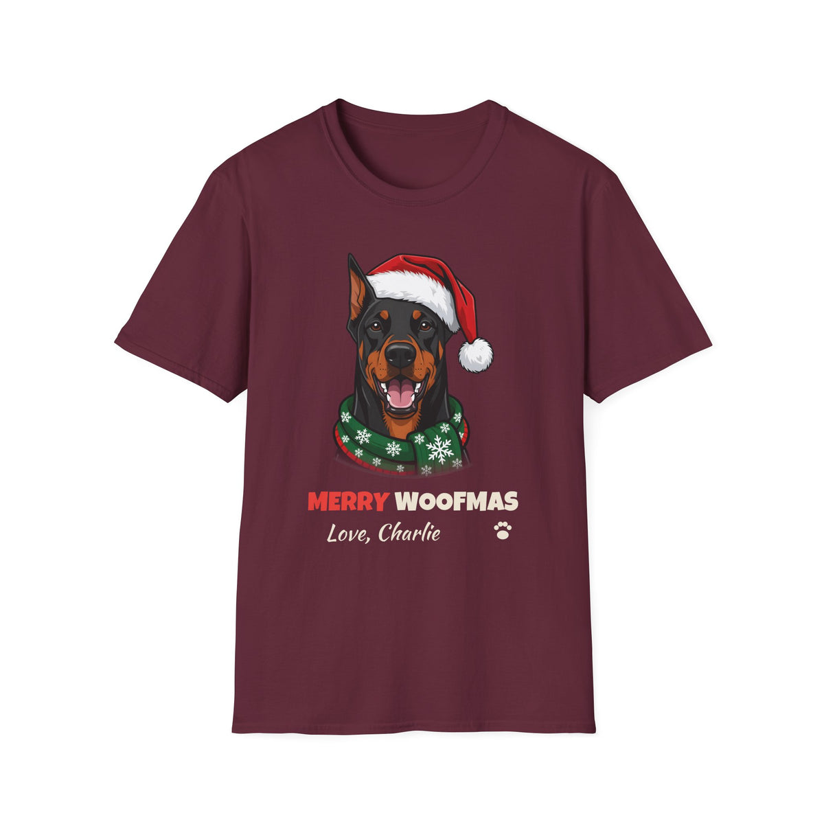 Merry Woofmas Doberman Christmas t-shirt in Maroon, front view