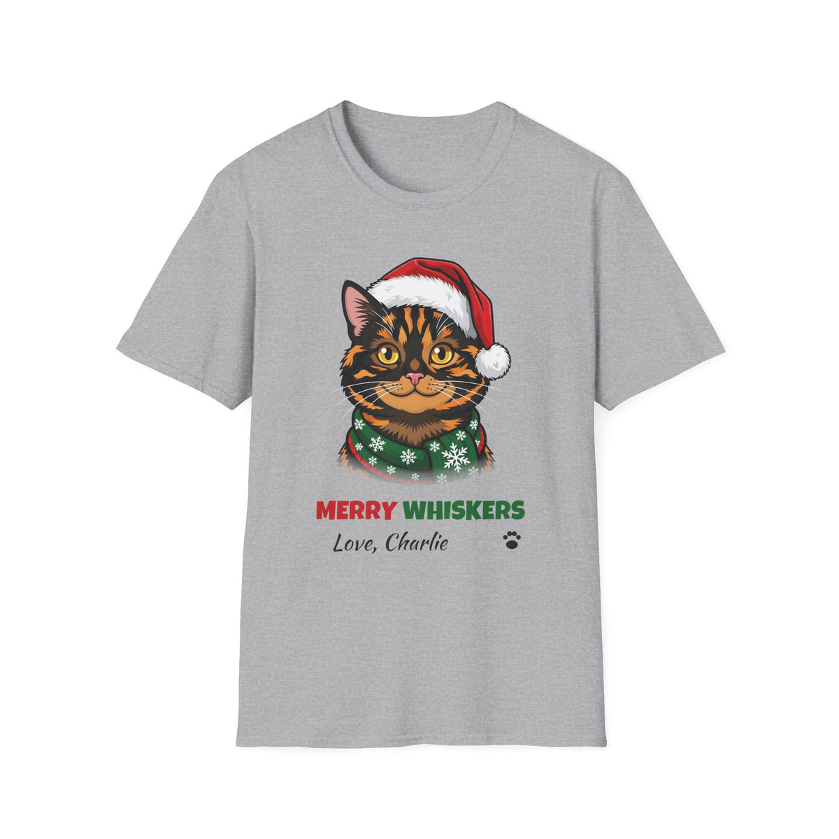 Merry Whiskers Tortoiseshell Cat Christmas t-shirt in Sport Gray, front view