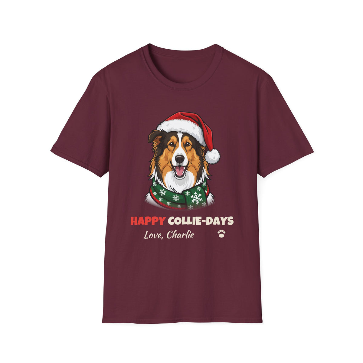 Happy Collie-Days Rough Collie Christmas t-shirt in Maroon, front view