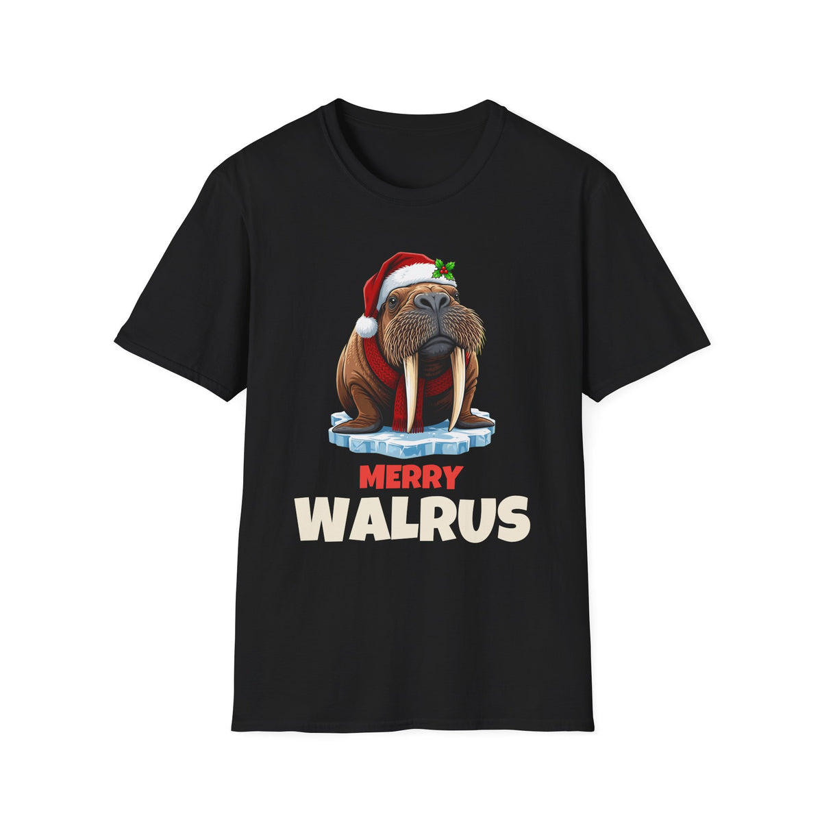 Merry Walrus Christmas t-shirt in Black, front view