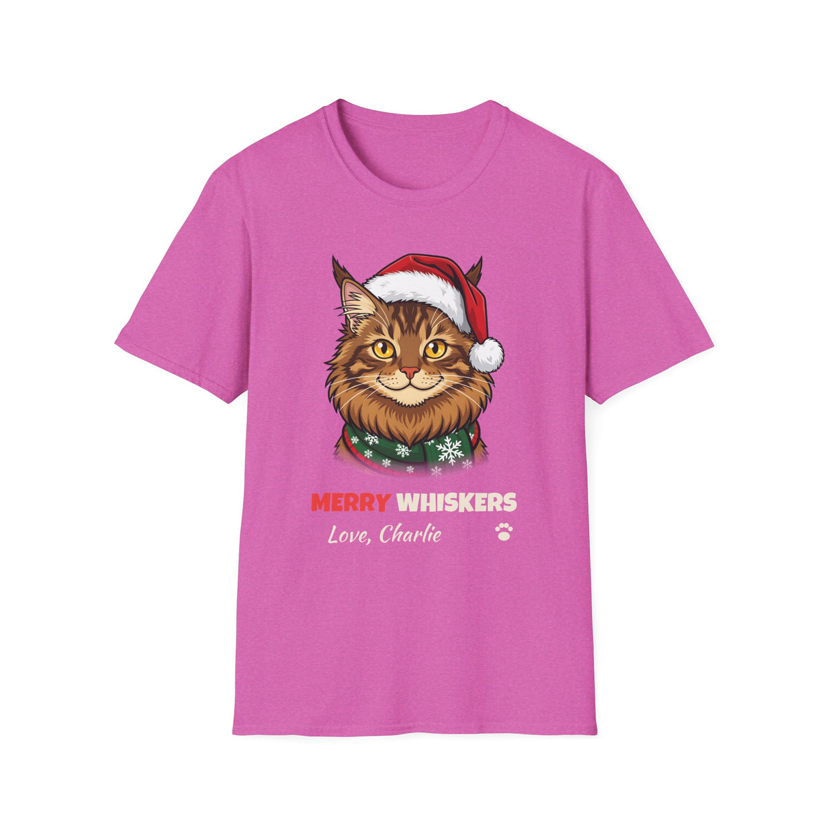 Merry Whiskers Maine Coon Cat Christmas t-shirt in Heather Berry, front view