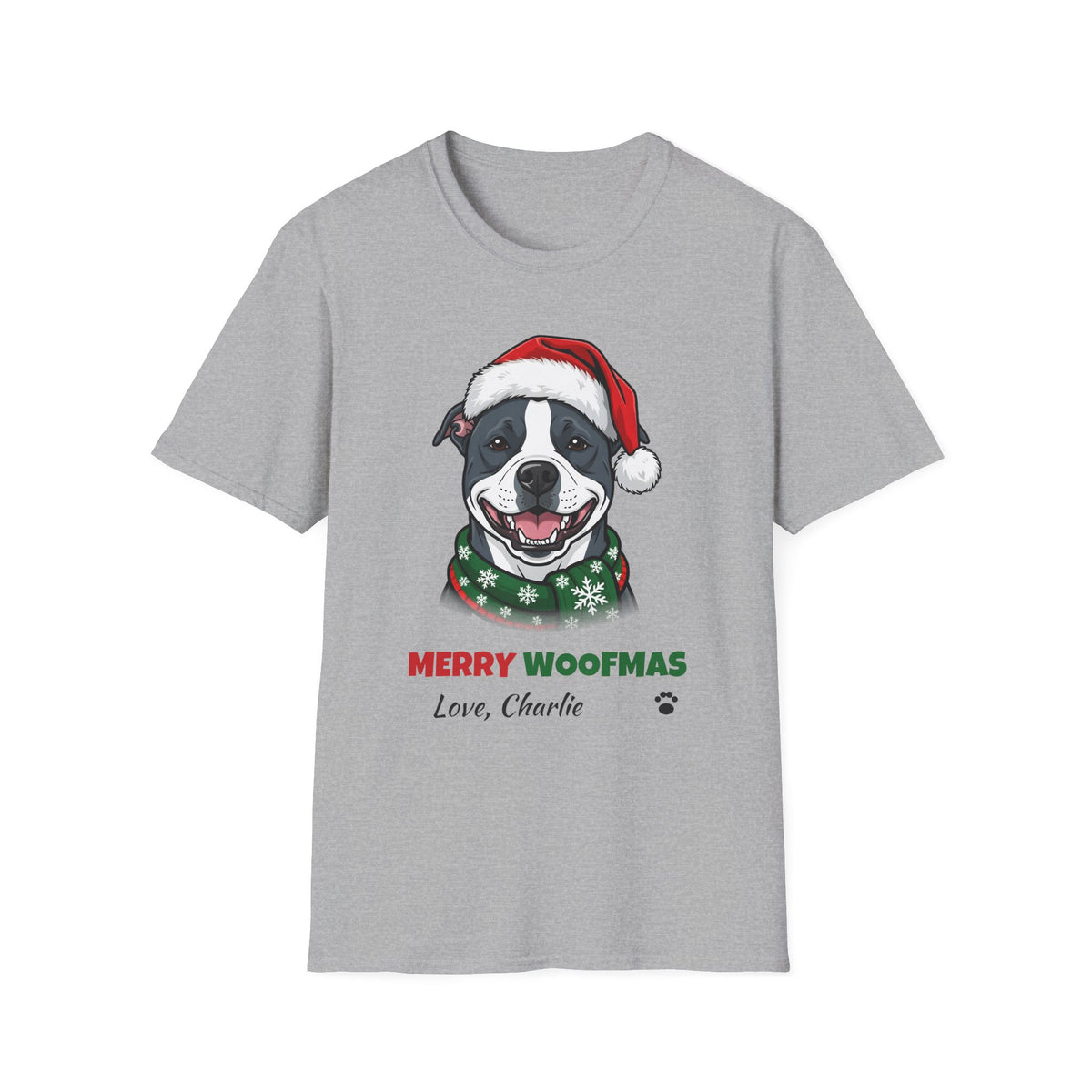Merry Woofmas Blue Pit Bull Christmas t-shirt in Sport Gray, front view