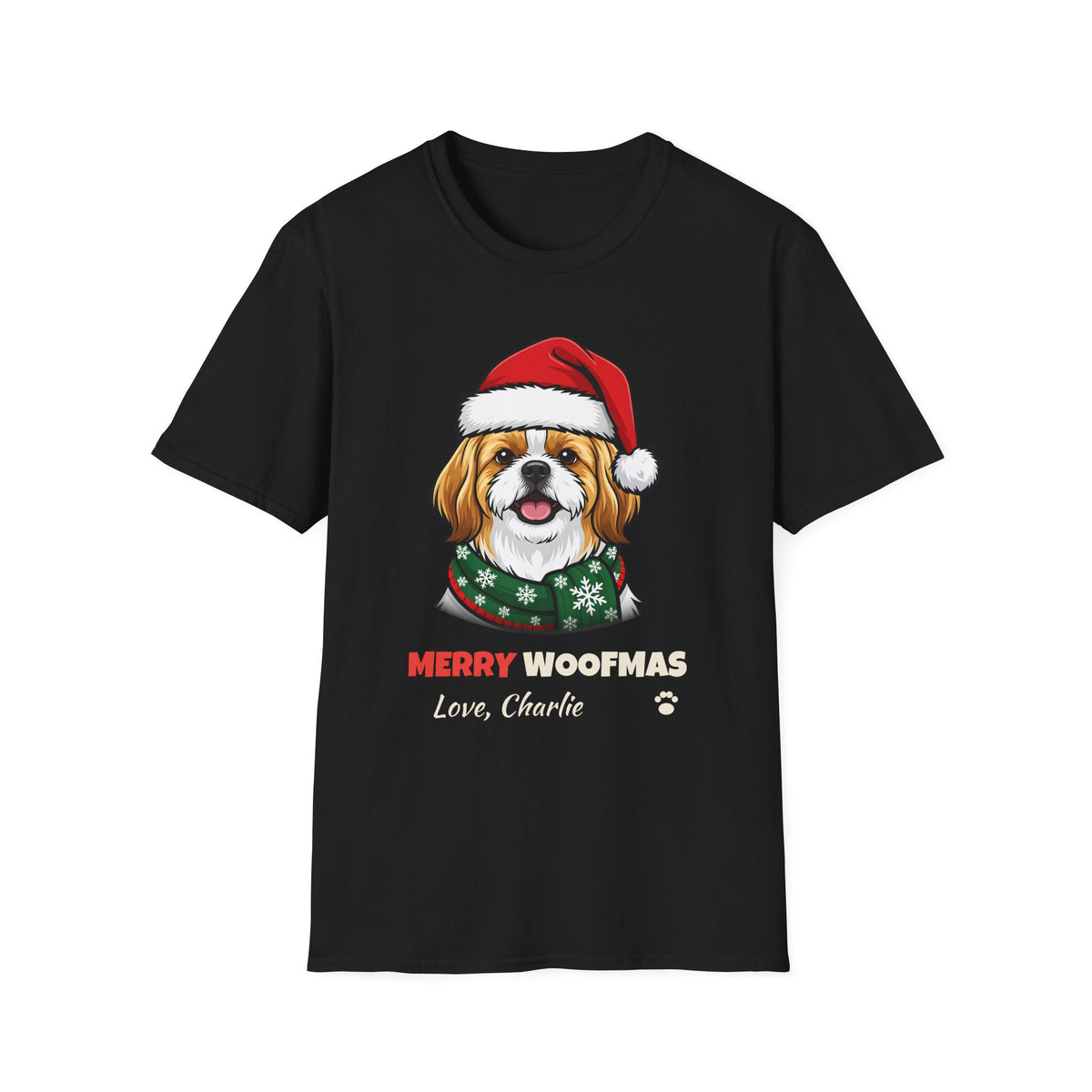Merry Woofmas Shih Tzu Christmas t-shirt in Black, front view