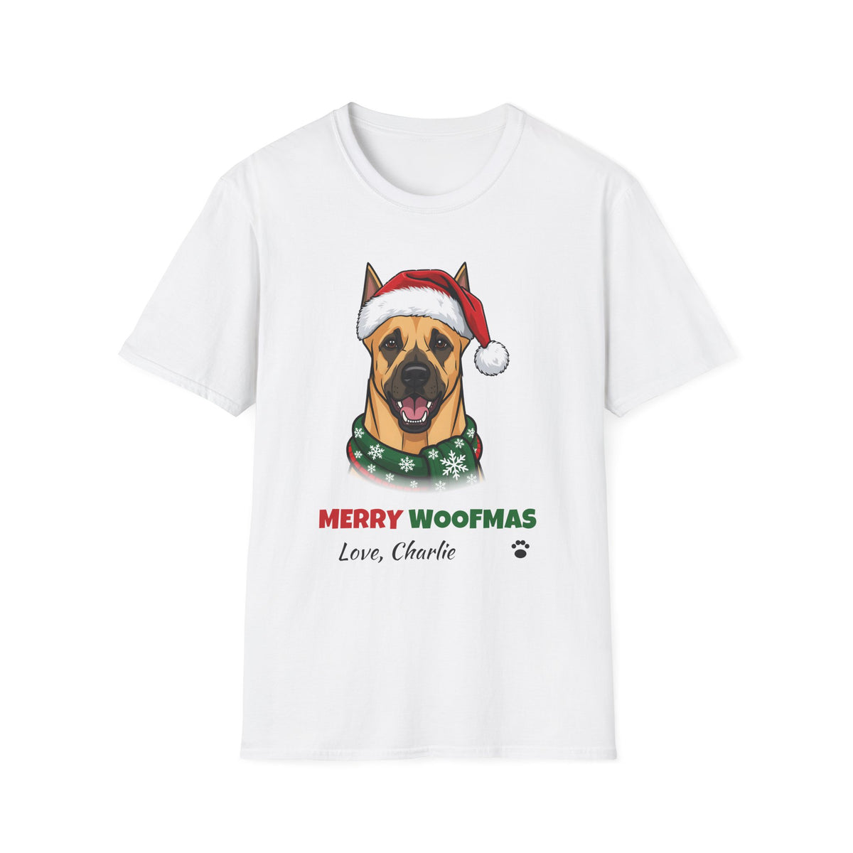 Merry Woofmas Great Dane Christmas t-shirt in White, front view