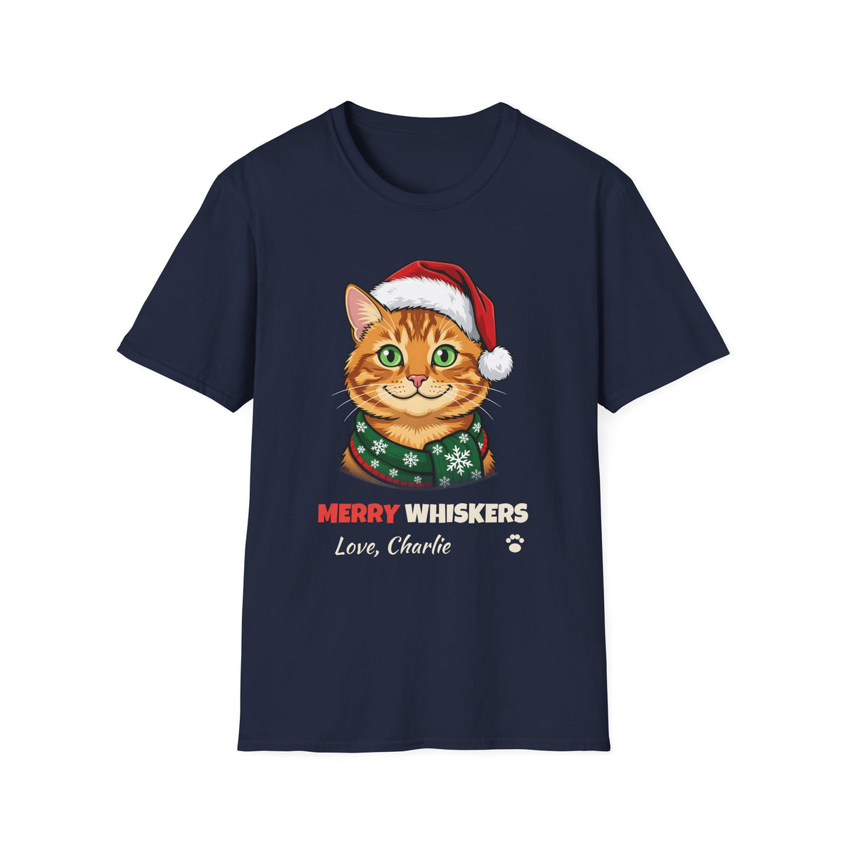 Merry Whiskers Ginger Tabby Cat Christmas t-shirt in Navy, front view