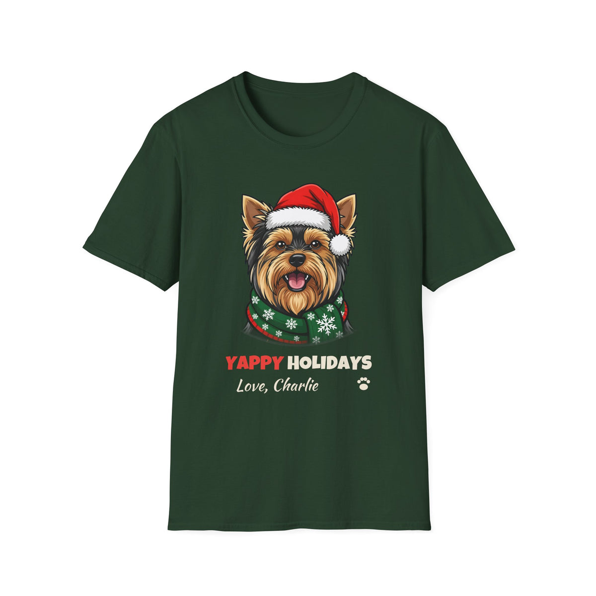 Yappy Holidays Yorkshire Terrier Christmas t-shirt in Forest Green, front view