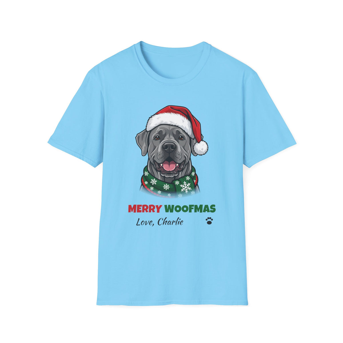 Merry Woofmas Cane Corso Christmas t-shirt in Sky, front view