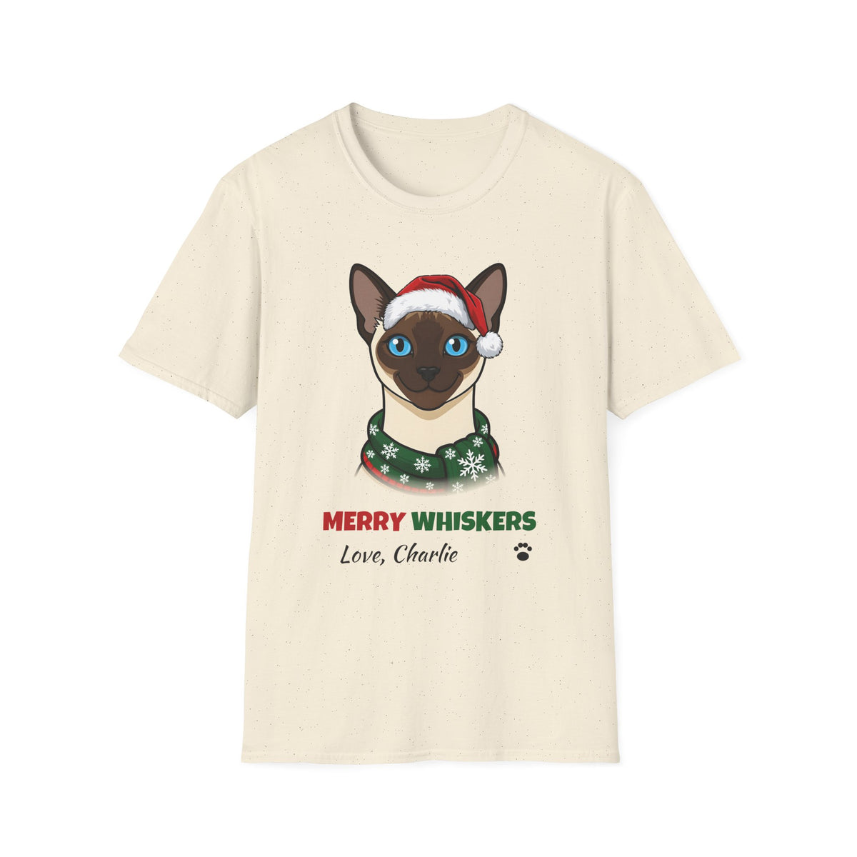 Merry Whiskers Siamese Cat Christmas t-shirt in Natural, front view
