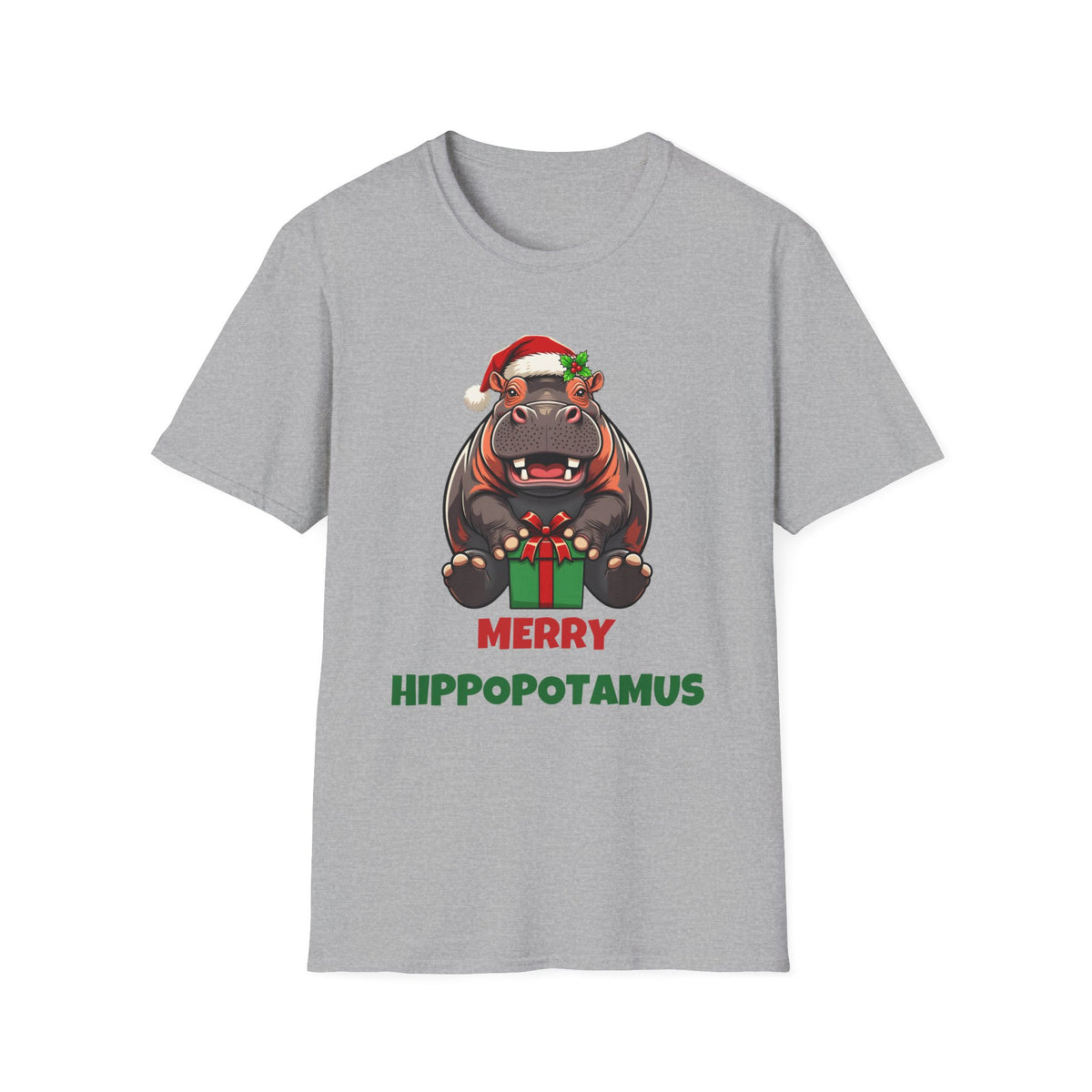 Merry Hippopotamus Christmas t-shirt in Sport Gray, front view