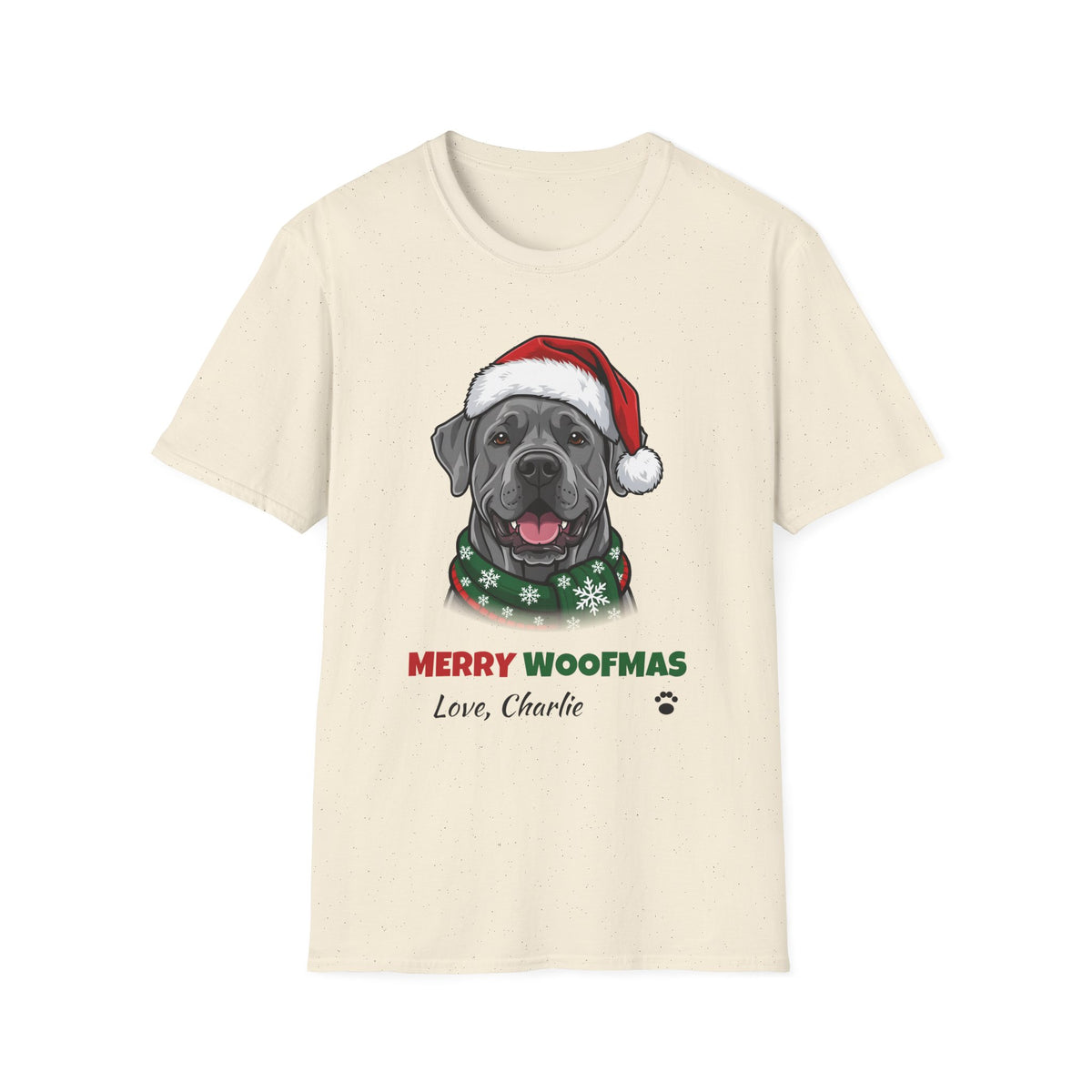 Merry Woofmas Cane Corso Christmas t-shirt in Natural, front view