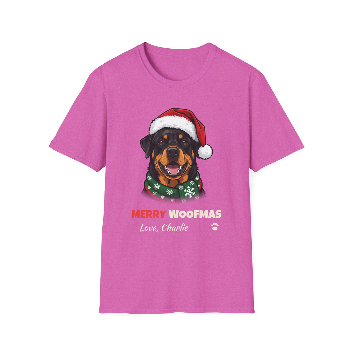 Merry Woofmas Rottweiler Christmas t-shirt in Heather Berry, front view