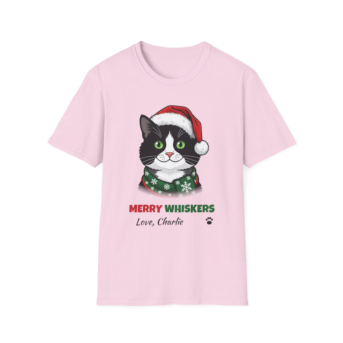 Merry Whiskers Tuxedo Cat Christmas t-shirt in Light Pink, front view