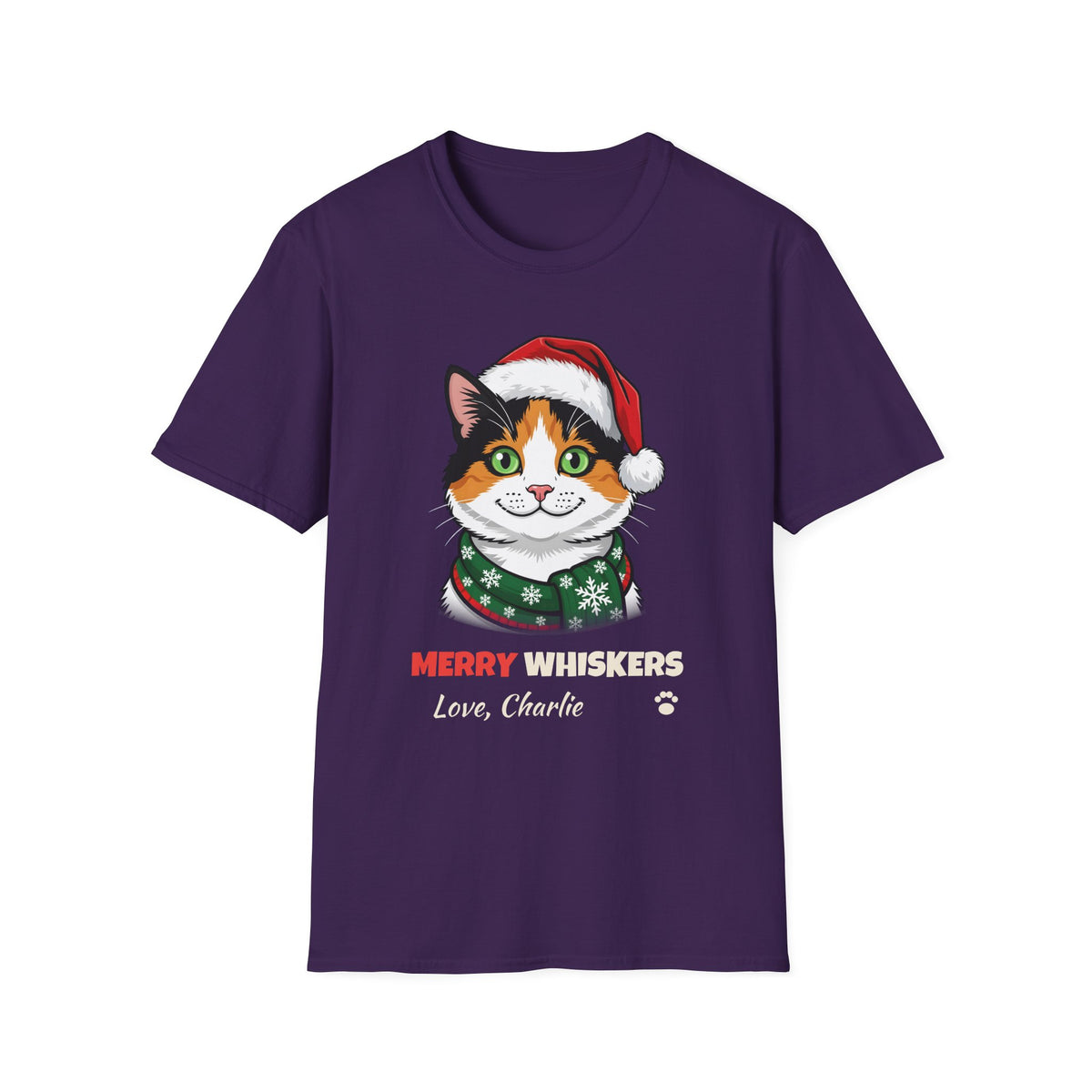 Merry Whiskers Calico Cat Christmas t-shirt in Purple, front view