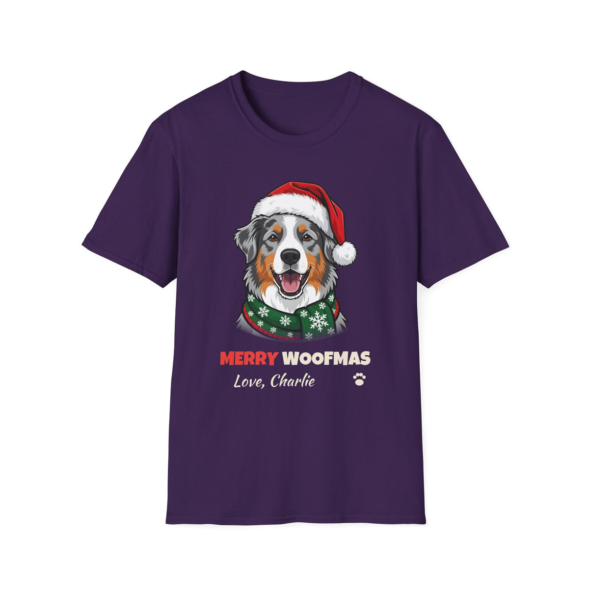 Merry Woofmas Blue Merle Australian Shepherd Christmas t-shirt in Purple, front view