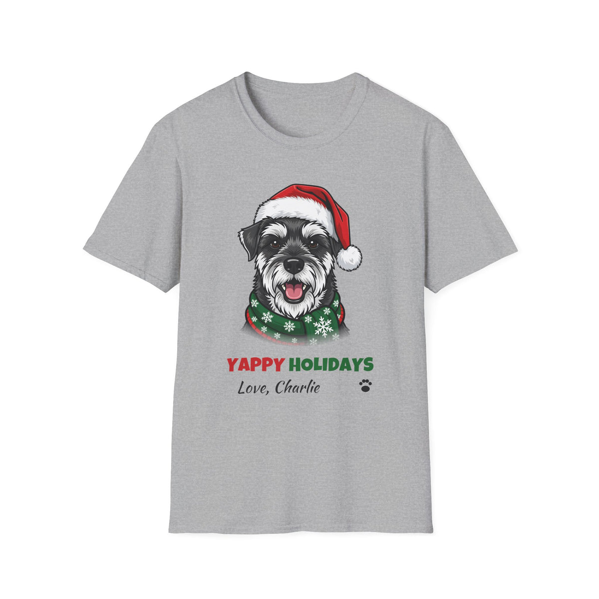 Yappy Holidays Miniature Schnauzer Christmas t-shirt in Sport Gray, front view