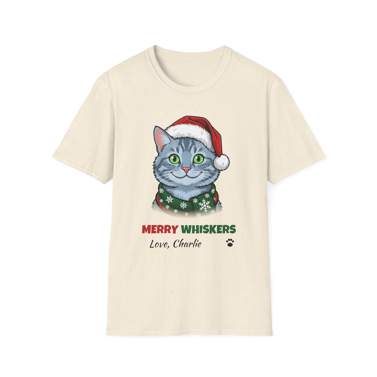 Merry Whiskers Gray Cat Christmas t-shirt in Natural, front view