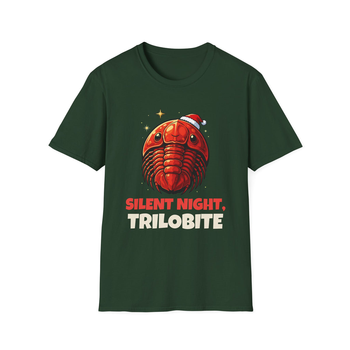 Silent Night, Trilobite Christmas t-shirt in Forest Green, front view