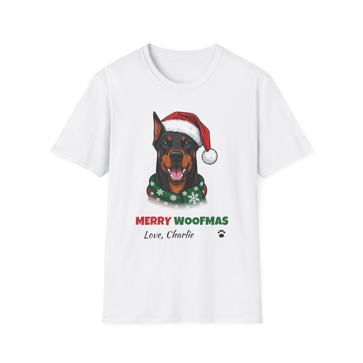 Merry Woofmas Doberman Christmas t-shirt in White, front view