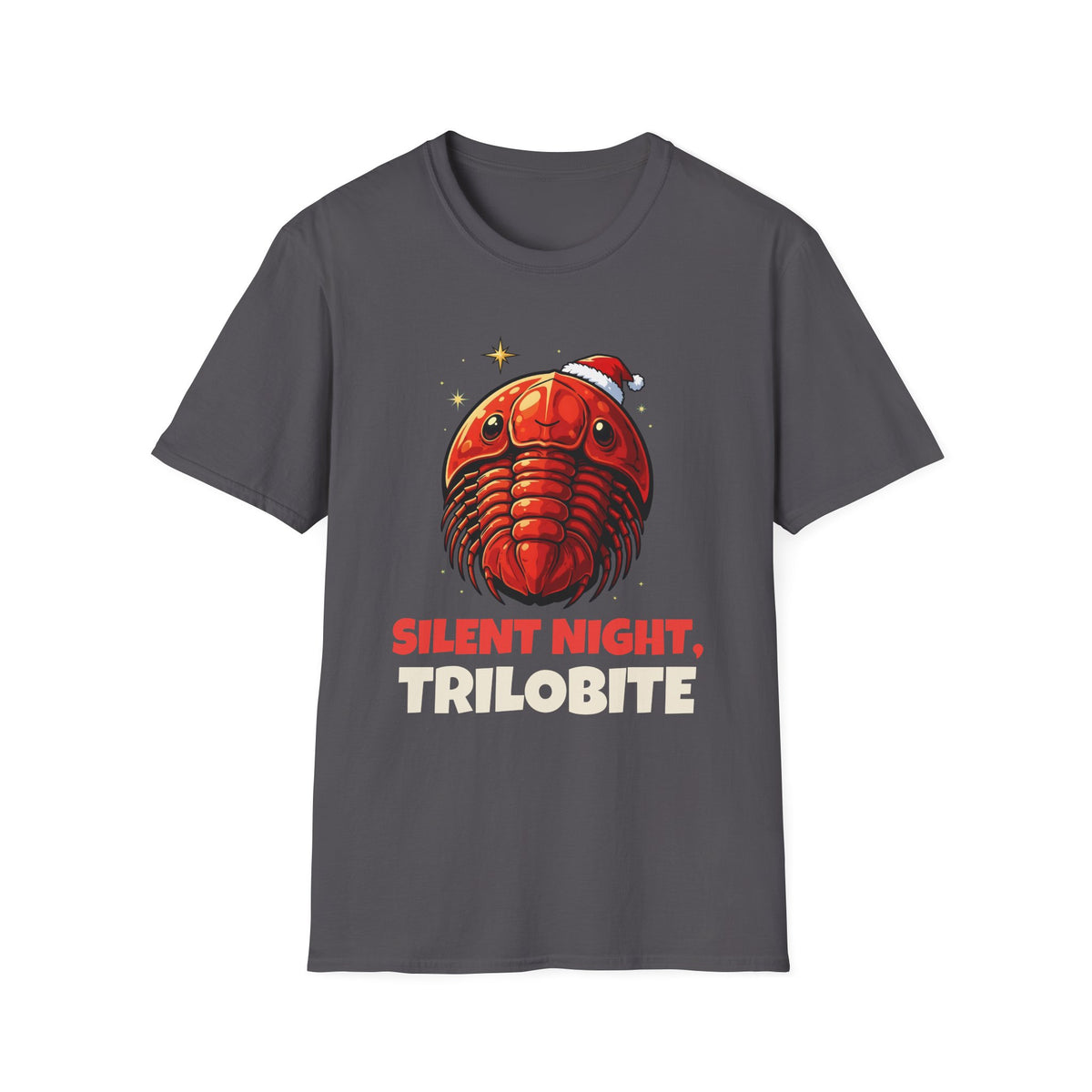 Silent Night, Trilobite Christmas t-shirt in Charcoal, front view