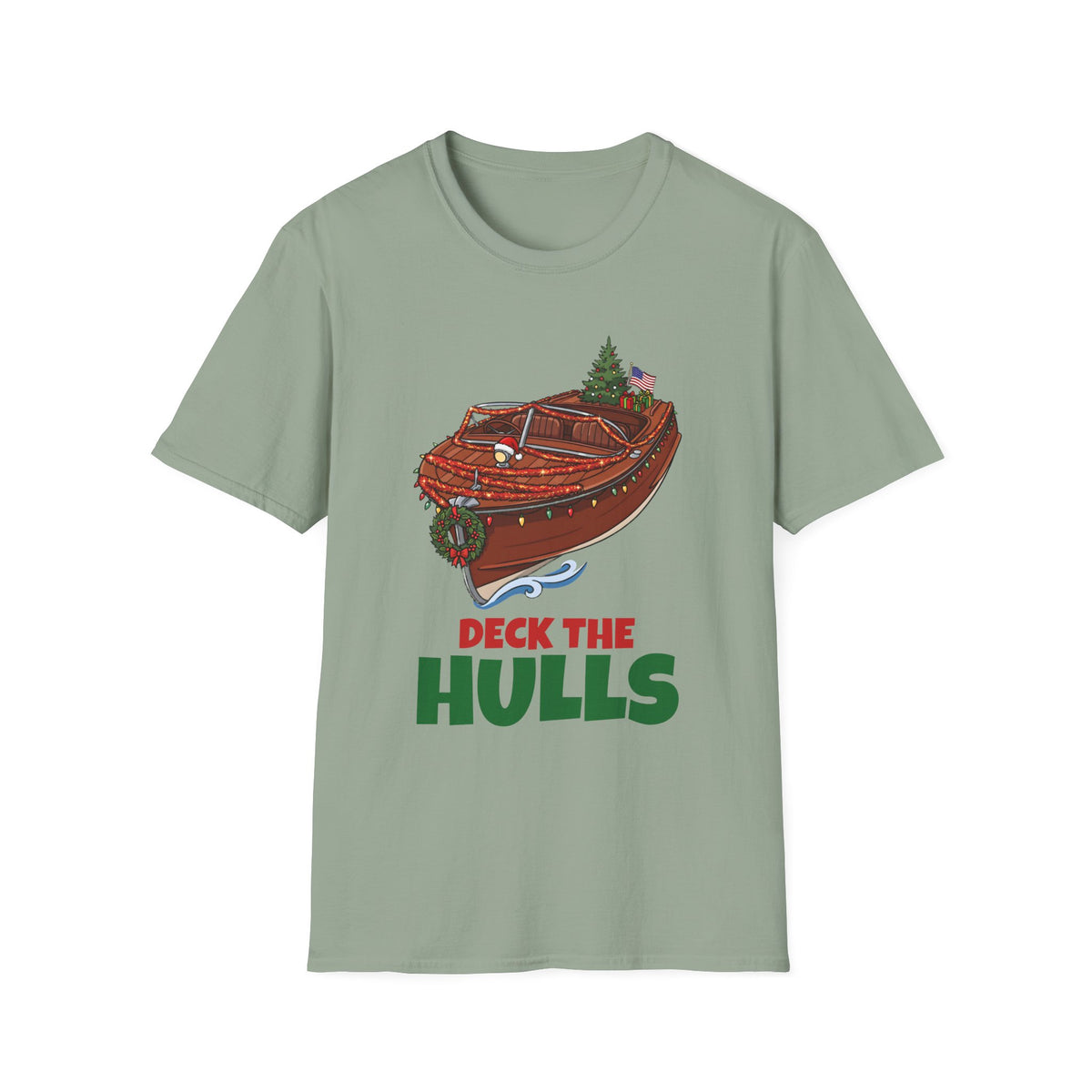 Deck the Hulls Christmas t-shirt in Sage, front view