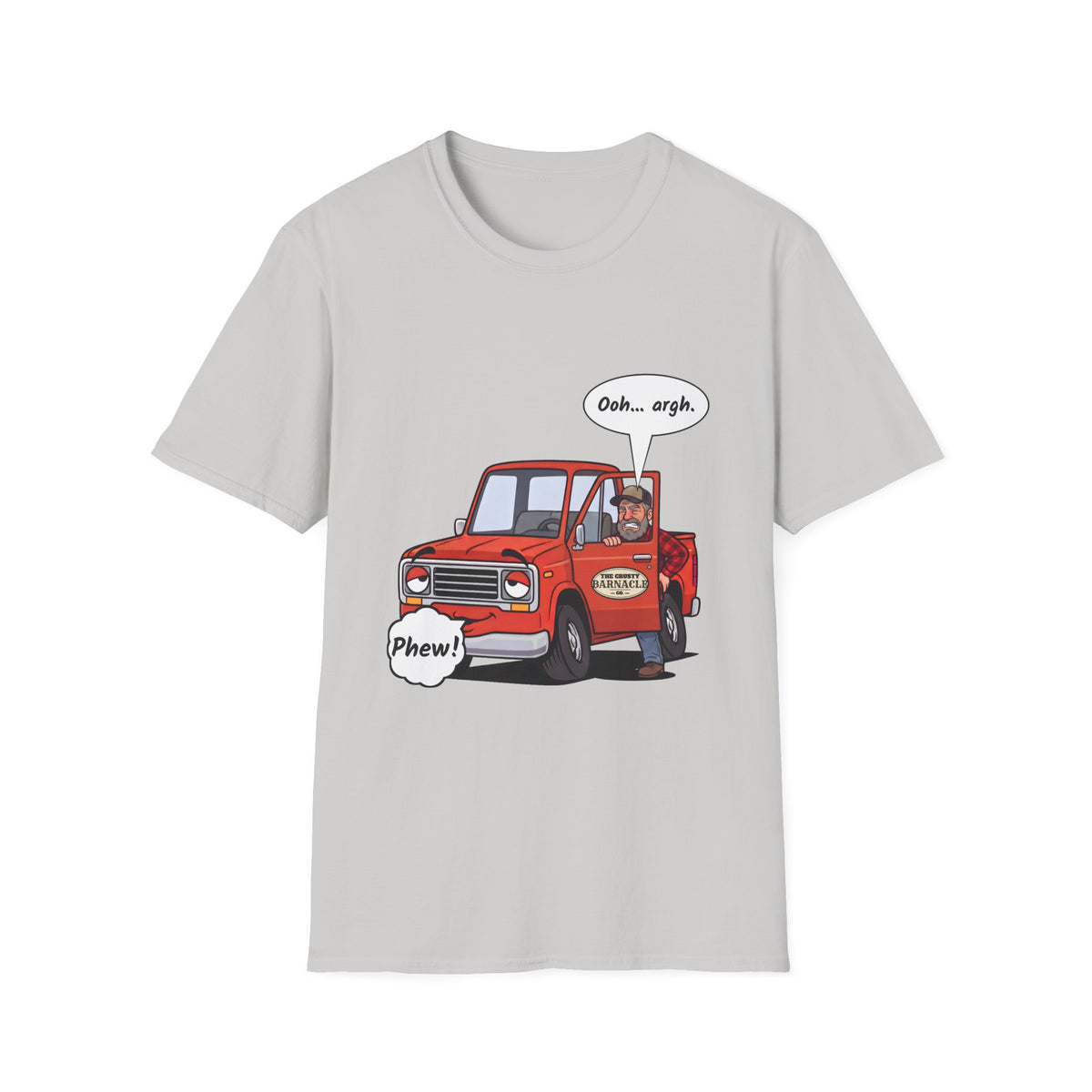 Tired Truck Phew t-shirt in Ice Gray, front view