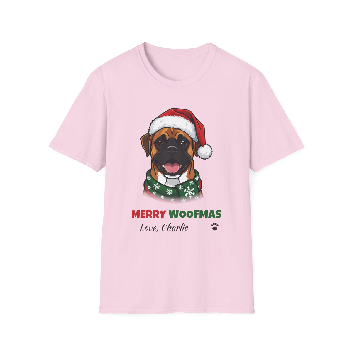 Merry Woofmas Boxer Christmas t-shirt in Light Pink, front view