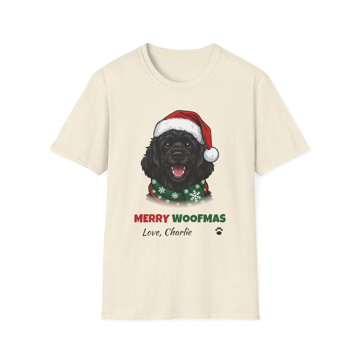 Merry Woofmas Cavapoo Christmas t-shirt in Natural, front view