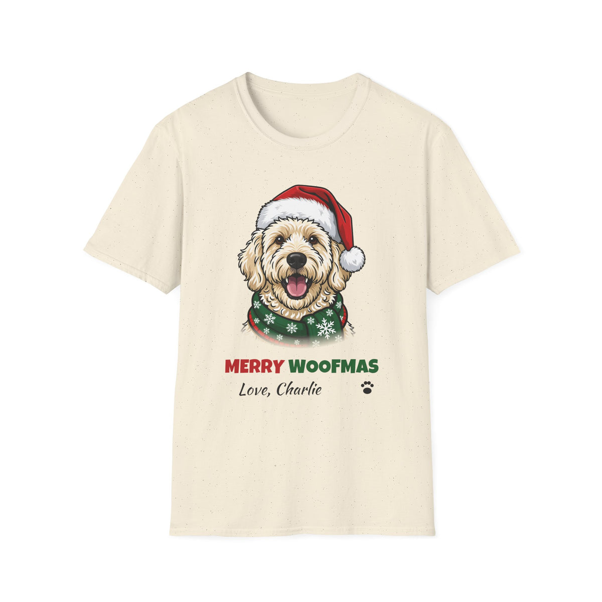 Merry Woofmas Labradoodle Christmas t-shirt in Natural, front view